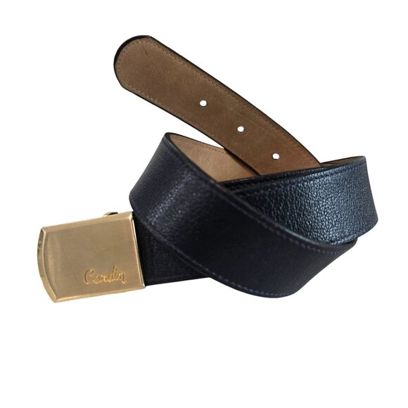 Vintage Pierre Cardin Black Leather Belt With Gold-Tone Engraved Buckle size 32 - Picture 2 of 5